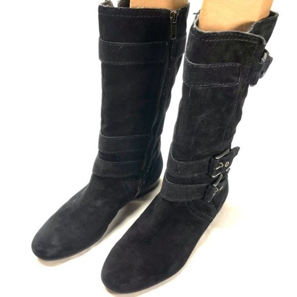 Coach Brenna side zip boots black suede leather mid calf 6B 3 buckles - Picture 2 of 12